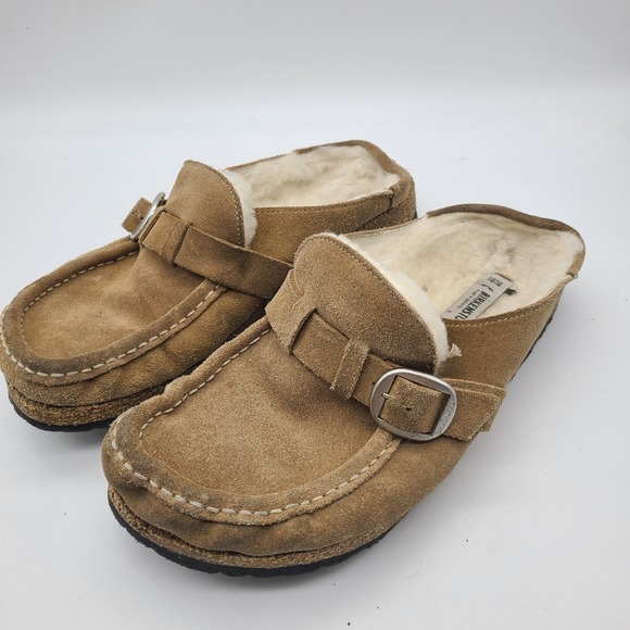 BIRKENSTOCK BUCKLEY Tan Shearling Suede Leather Clogs Size 39 US 8 - Picture 1 of 6